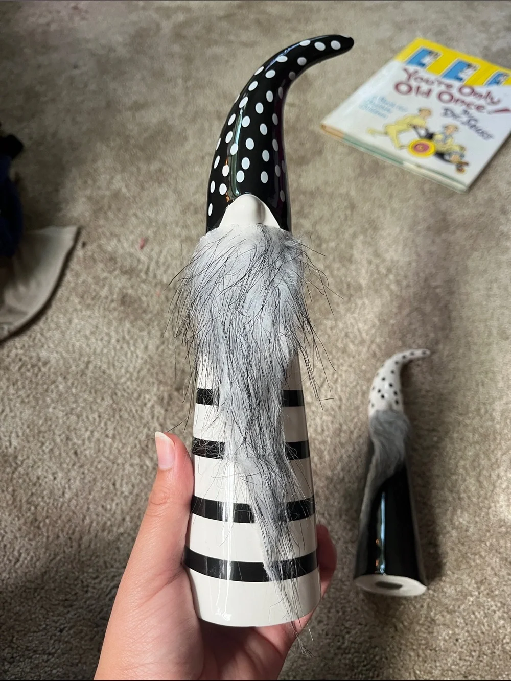 Black & White Striped and Polka Dot Gnome Figurine Duo - Imperfection/crack